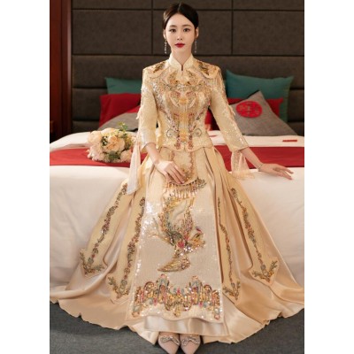 Champagne Golden Xiuhe Dress Chinese wedding party Bridal Wedding Dress photos shooting dress up stage performance Banquet Toasting Dress 